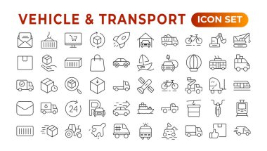 Ulaşım, araç ve dağıtım elementleri - minimal ince çizgi ağ simgesi seti. Taslak simge koleksiyonu. otomobil, motor, scooter, buldozer, otobüs, teleferik, araba, helikopter.