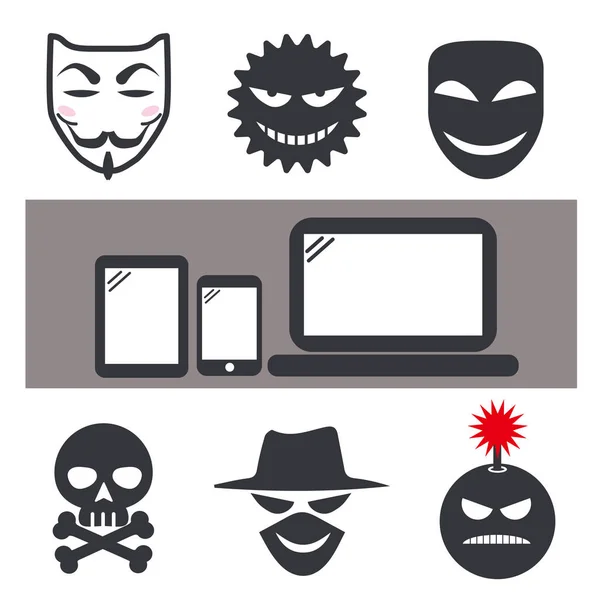 Internetové Kriminality Anonymní Maska Sady Ikon — Stockový vektor