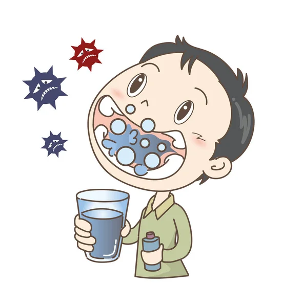 Förebygga Förkylningar Och Influensa Gurgla Pojke — Stock vektor