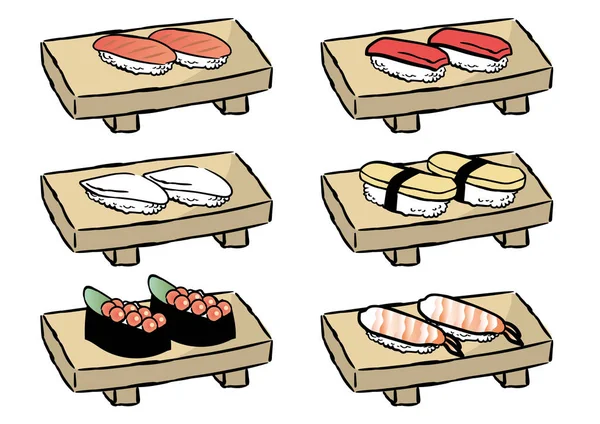 Sushi Danie Różnych Zestawów Danie Drewniany Typu — Wektor stockowy