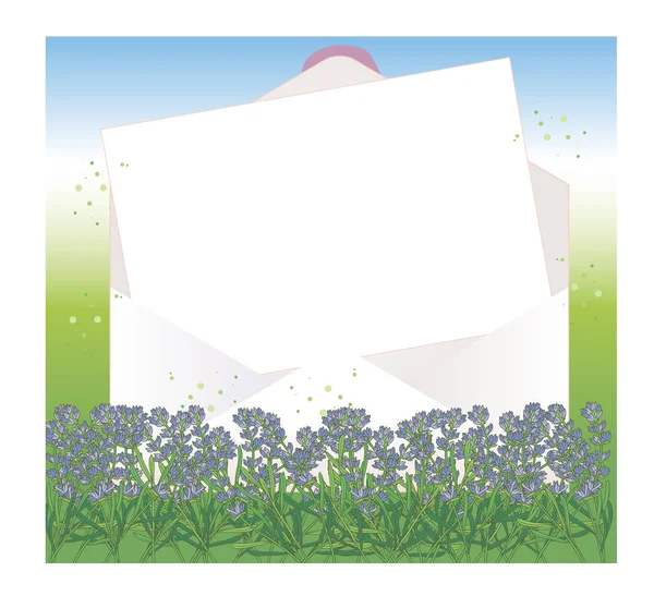 Open Envelope Letter Paper Lavender Field Background — Stock Vector