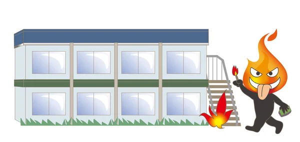 Cuidado con el fuego - incendiario y edificio — Archivo Imágenes Vectoriales