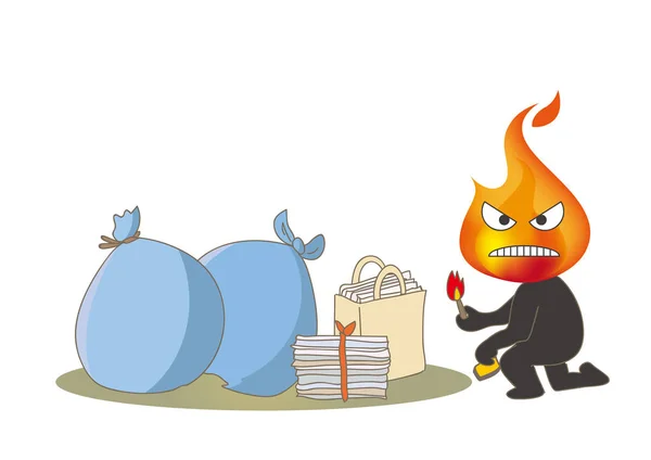 Cuidado con el fuego: incendiario y basura — Vector de stock