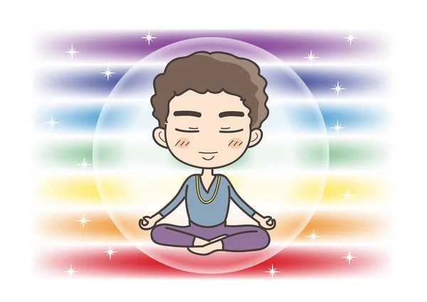 Meditation in sieben Chakren Farbe - Mann mit geschlossenen Augen posiert — Stockvektor
