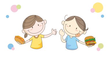 Çocuklar ellerinde hamburgerle