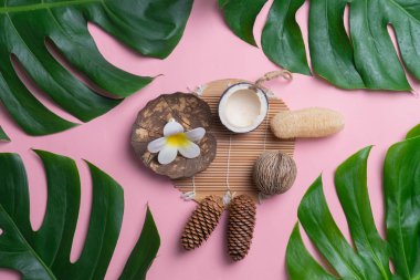 Aromaterapi ürün Spa seti, düz yatıyordu kompozisyon. Tropikal yaprak kavram tarzı., pembe bir arka plan ile masaj. üstten görünüm. Monstera yapraklar şablonu, tropikal yaz moda arka plan.