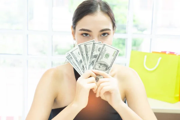 Happy Young Woman Have Money Shopping Girl Holding Bunch Money Royalty Free Stock Photos