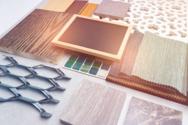 malzeme, ahşap, beton masaya örnekleri. İç tasarım malzeme fikir için seçin.