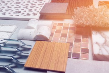 malzeme, ahşap, beton masaya örnekleri. İç tasarım malzeme fikir için seçin.