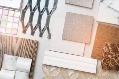 malzeme, ahşap, beton masaya örnekleri. İç tasarım malzeme fikir için seçin.