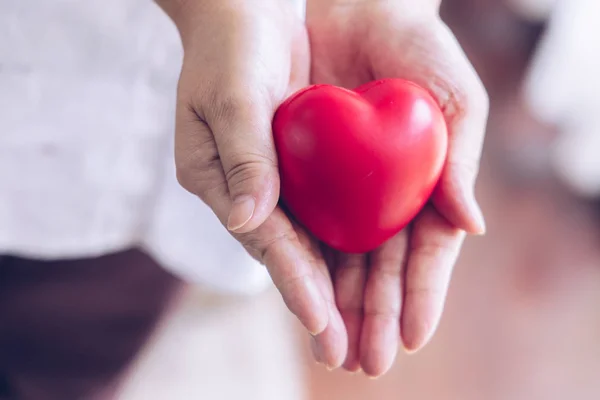 Elderly hand with wound carrying red heart. asian elderly woman