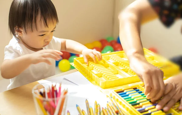 Cute Asian Little Girl Painting Color Fully Happiness Moment Concept — Stock Photo, Image