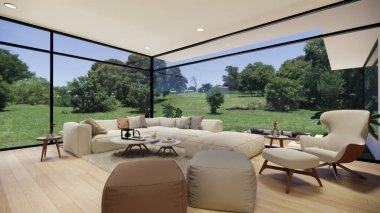 3D görüntüleme. Modern stil apartman dairesi olan modern açık yaşam alanı. Ev dekorasyonu iç tasarım fikri. Yatak odası ahşap malzemesi..