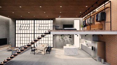 3D görüntüleme. İç mekan modern mutfaklı açık yaşam alanı. Çatı katı tarzı Duplex apartmanı. Ev dekorasyonu, iç tasarım..