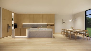 3D görüntüleme. Modern stil apartman dairesi olan modern açık yaşam alanı. Ev dekorasyonu iç tasarım fikri. Yatak odası ahşap malzemesi..