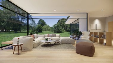 3D görüntüleme. Modern stil apartman dairesi olan modern açık yaşam alanı. Ev dekorasyonu iç tasarım fikri. Yatak odası ahşap malzemesi..