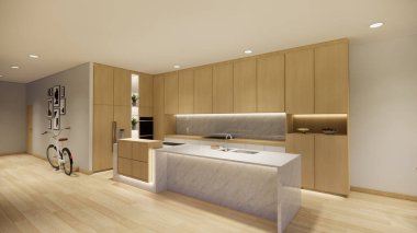 3D görüntüleme. Modern stil apartman dairesi olan modern açık yaşam alanı. Ev dekorasyonu iç tasarım fikri. Yatak odası ahşap malzemesi..