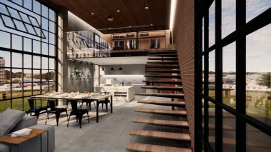 3D görüntüleme. İç mekan modern mutfaklı açık yaşam alanı. Çatı katı tarzı Duplex apartmanı. Ev dekorasyonu, iç tasarım..