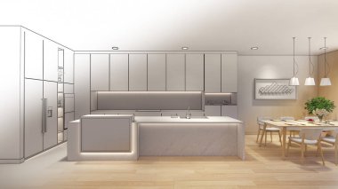 3D görüntüleme. İç mekan modern mutfaklı açık yaşam alanı. Çatı katı tarzı Duplex apartman dairesi. Ev dekorasyonu iç tasarım. Çizim çizimi gerçekçi..