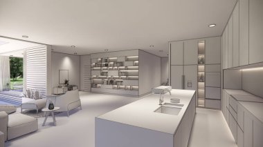 3D görüntüleme. İç mekan modern mutfaklı açık yaşam alanı. Çatı katı tarzı Duplex apartmanı. Ev dekorasyonu, iç tasarım..