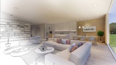 3D görüntüleme. İç mekan modern mutfaklı açık yaşam alanı. Çatı katı tarzı Duplex apartman dairesi. Ev dekorasyonu iç tasarım. Çizim çizimi gerçekçi..