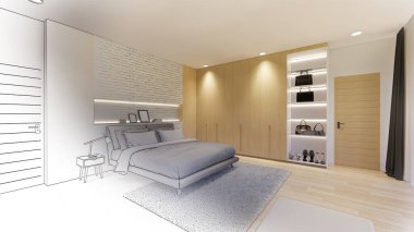 3D görüntüleme. İç mekan modern mutfaklı açık yaşam alanı. Çatı katı tarzı Duplex apartman dairesi. Ev dekorasyonu iç tasarım. Çizim çizimi gerçekçi..