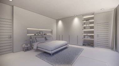 3D görüntüleme. İç mekan modern mutfaklı açık yaşam alanı. Çatı katı tarzı Duplex apartmanı. Ev dekorasyonu, iç tasarım..