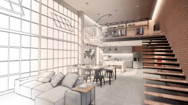 3D görüntüleme. İç mekan modern mutfaklı açık yaşam alanı. Çatı katı tarzı Duplex apartman dairesi. Ev dekorasyonu iç tasarım. Çizim çizimi gerçekçi..