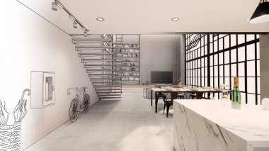 3D görüntüleme. İç mekan modern mutfaklı açık yaşam alanı. Çatı katı tarzı Duplex apartman dairesi. Ev dekorasyonu iç tasarım. Çizim çizimi gerçekçi..