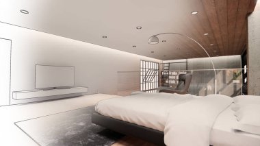 3D görüntüleme. İç mekan modern mutfaklı açık yaşam alanı. Çatı katı tarzı Duplex apartman dairesi. Ev dekorasyonu iç tasarım. Çizim çizimi gerçekçi..