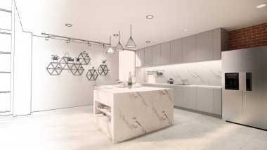 3D görüntüleme. İç mekan modern mutfaklı açık yaşam alanı. Çatı katı tarzı Duplex apartman dairesi. Ev dekorasyonu iç tasarım. Çizim çizimi gerçekçi..