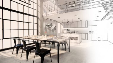 3D görüntüleme. İç mekan modern mutfaklı açık yaşam alanı. Çatı katı tarzı Duplex apartman dairesi. Ev dekorasyonu iç tasarım. Çizim çizimi gerçekçi..