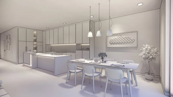 Renderizado Casa Interior Moderna Sala Estar Abierta Con Kitchen Loft — Foto de Stock