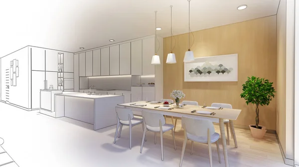 Renderizado Casa Interior Moderna Sala Estar Abierta Con Kitchen Loft — Foto de Stock