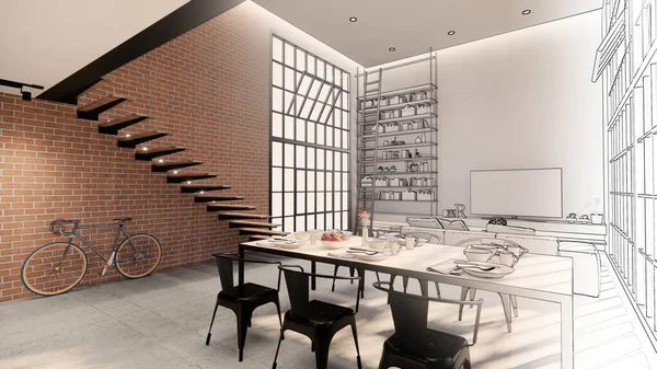 Renderowanie Wnętrze Domu Nowoczesny Otwarty Salon Kuchnią Loft Stylu Duplex — Zdjęcie stockowe