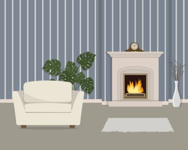 Oturma odasında şömine ve beyaz koltuk üzerinde sriped duvar kağıdı arka plan ile. Oda da dekoratif dalları, şömine rafı saat ve büyük çiçek ile bir vazo var. Vektör çizim.