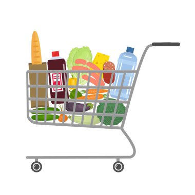 Yiyecek ve içecekler dolu bir süpermarkette alışveriş sepeti. Bir ekmek, bir şişe su, bir peynir, sosis, sebze ve diğer ürünleri resmi vardır. Vektör çizim.