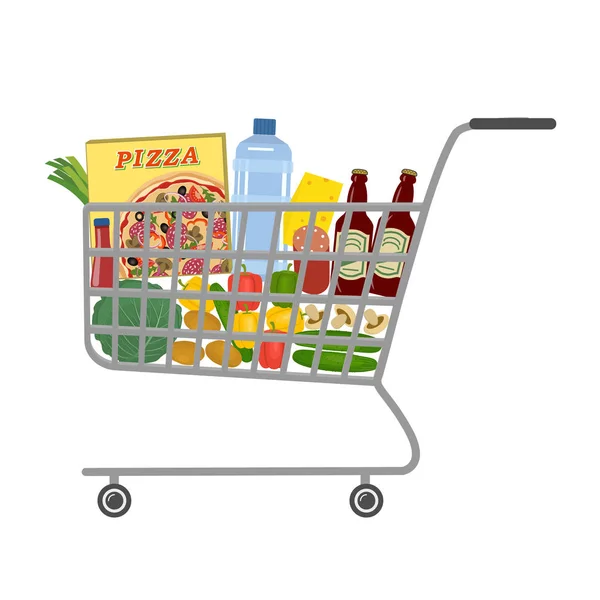 Carrello Del Supermercato Pieno Cibo Bevande Una Scatola Con Pizza — Vettoriale Stock