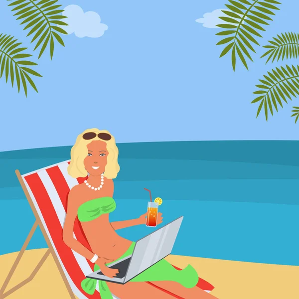 Молода Жінка Ноутбуком Сидить Кріслі Пляжі Неї Руці Склянка Коктейлю — стоковий вектор