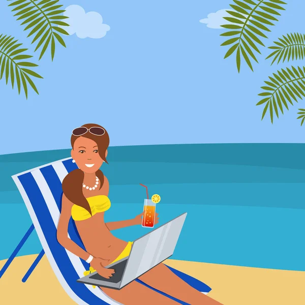 Cute Young Woman Laptop Sitting Deckchair Beach She Has Glass — Stock Vector