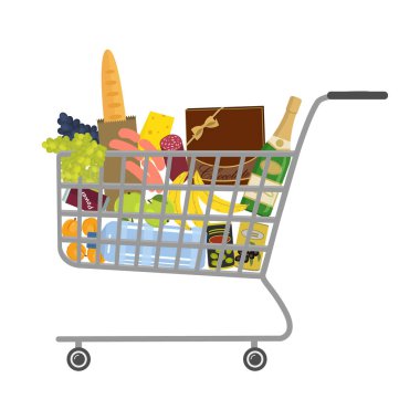 Süpermarket arabası yiyecek ve içecekler dolu. Şampanya şişesi, bir kutu çikolata, bir su şişesi, ekmek, sosis, peynir, üzüm, muz, elma ve diğer ürünleri resmi vardır. Vektör