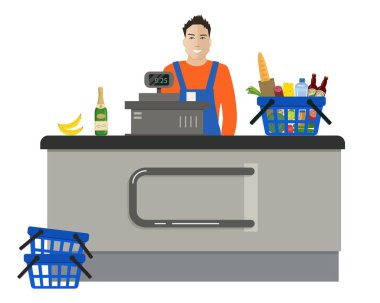 Bir süpermarket kasiyer Web afiş. Yazarkasa duran genç adam. Ürün resimde mavi arabası da vardır. Vektör çizim