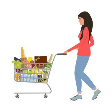 Alışveriş sepeti yiyecek ve içecekler dolu olan kadın. Şampanya şişesi, bir kutu çikolata, bir su şişesi, ekmek, sosis, üzüm, muz ve diğer ürünleri resmi vardır. Vektör