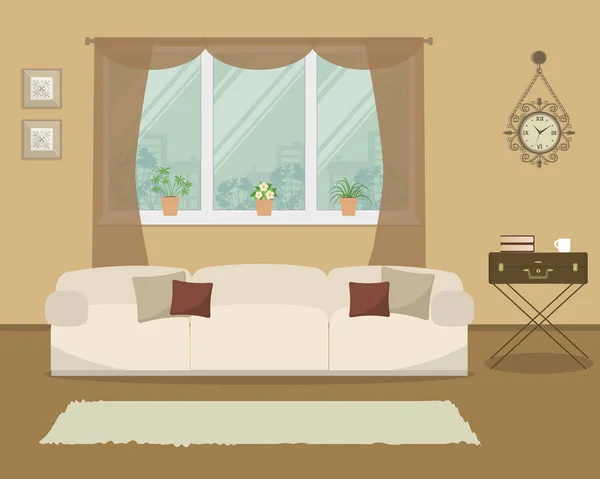 客厅的复古风格 有一个白色的沙发与枕头 一张桌子的形式的手提箱在图片 窗台上有室内花 这里还有一个挂钟 — 图库矢量图片