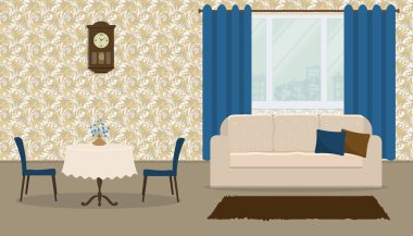 Retro tarzı oturma odasında. Beyaz kanepe yastık üzerinde bir pencere arka plan resmi ile vardır. Bir yuvarlak masa masa örtüsü, mavi sandalye ve bir duvar saati ile vardır. Vektör