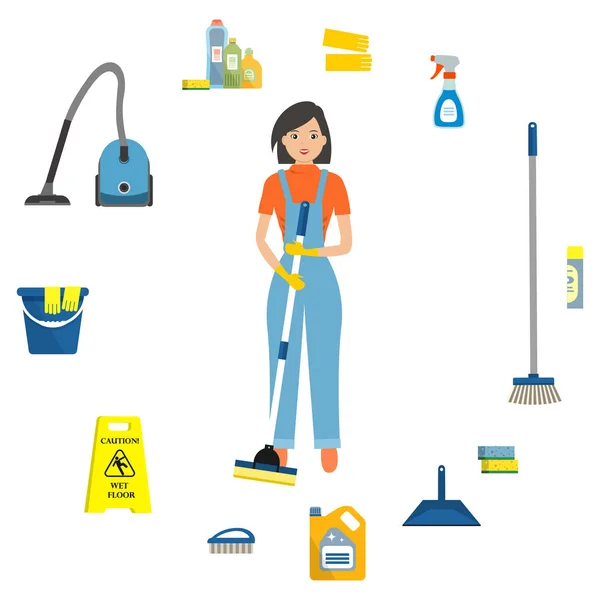 清洁妇女周围的物品清洗 有一个吸尘器 湿地板 洗涤剂 手套和其他东西在图片中 — 图库矢量图片