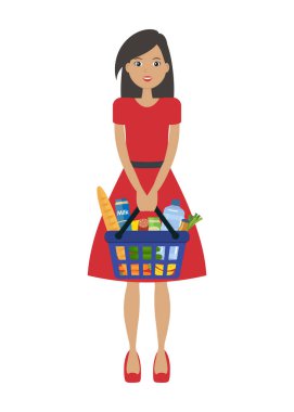 Alışveriş sepeti içinde elleri ile bir kırmızı elbiseli Genç kadın. Bir süt, ekmek, bir su şişesi, muz ve diğer ürünleri sepete vardır. Alışveriş kavramı. Vektör karikatür çizim