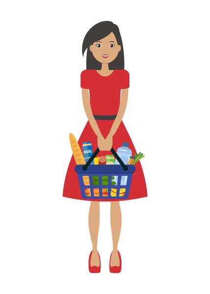 年轻女子穿着红色连衣裙 手里拿着购物篮 篮子里有牛奶 香蕉等产品 购物理念 矢量卡通插画 — 图库矢量图片