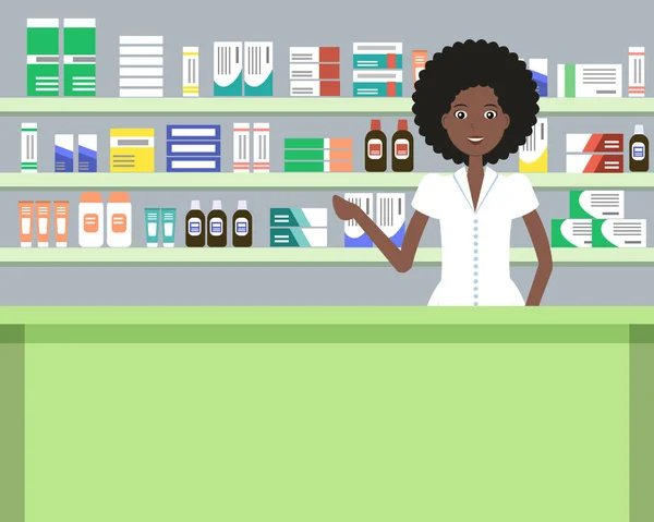 薬剤師の Web バナー 薬局での職場でかわいい黒人女性 薬棚の前に立っています 漫画のスタイルのベクトル図 — ストックベクタ