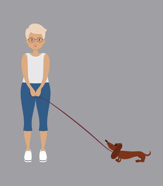 犬と一緒にかわいい女性 若い女性は ひもにつないでダックスフント犬をリードします 灰色の背景のベクトル漫画イラスト — ストックベクタ
